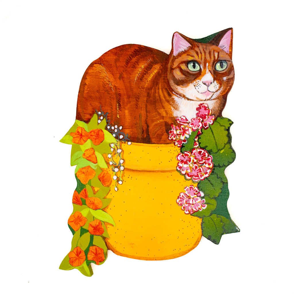 Orange Tabby Cat in Plants - Original Painting On Wood