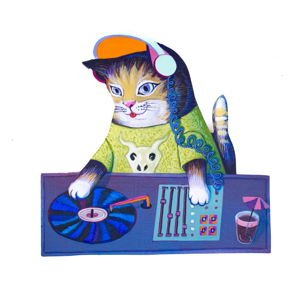 Purple DJ Cat - Original Painting On Wood