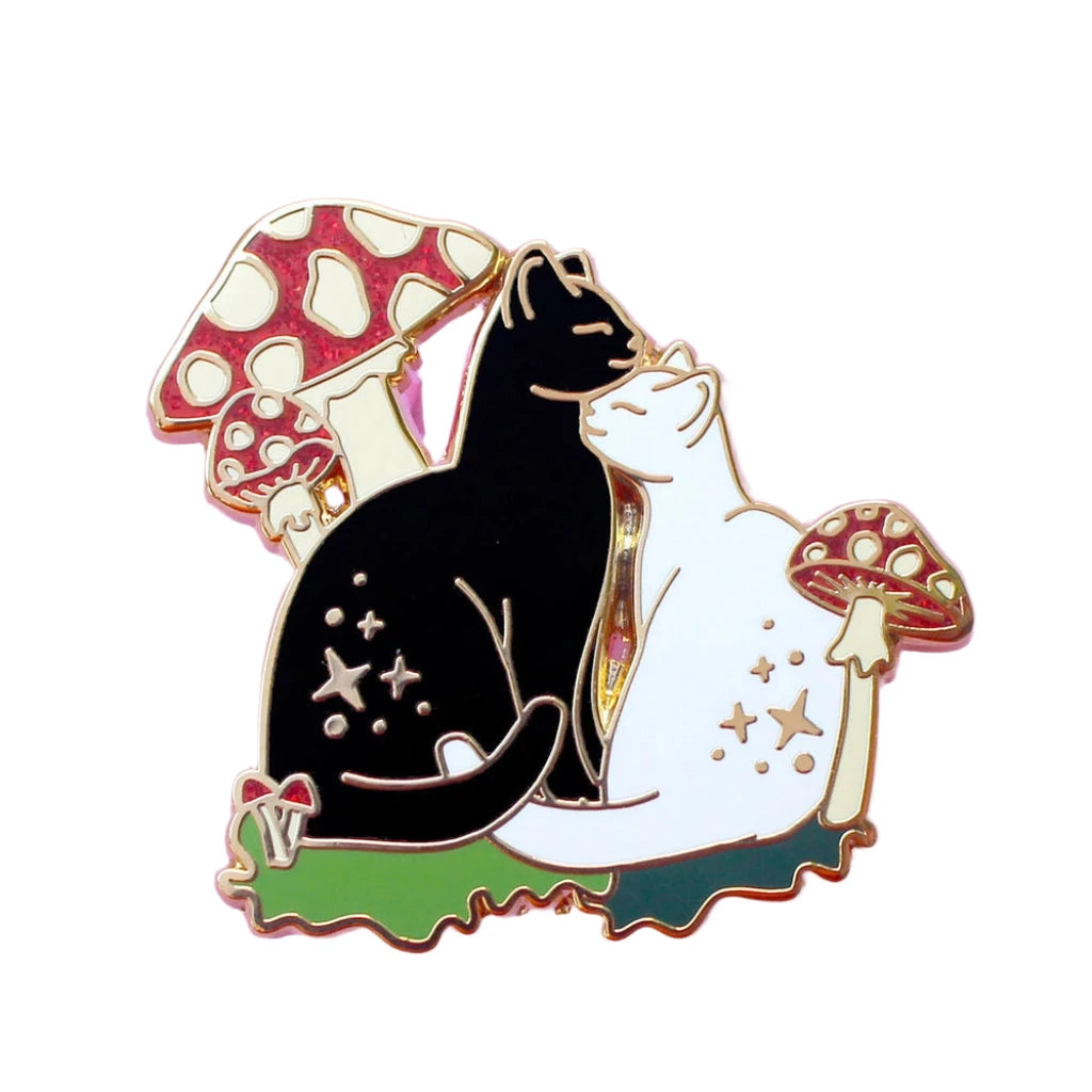 Cuddling Cats in Mushroom Patch - Hard Enamel Pin