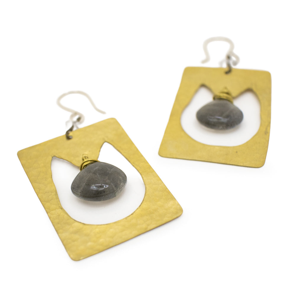 Labradorite Cats - Brass Earrings