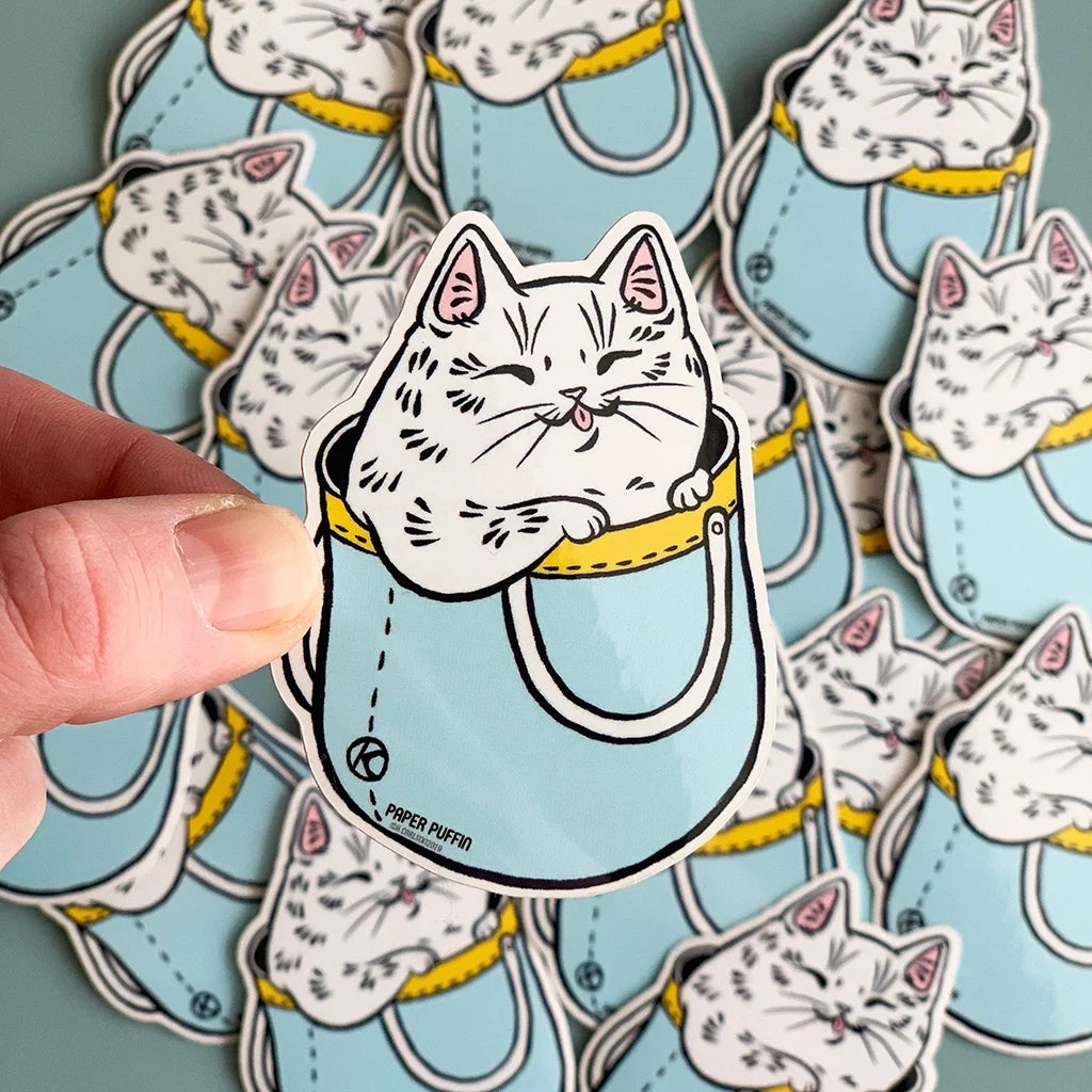 White Cat in Blue Bag - Die Cut Sticker