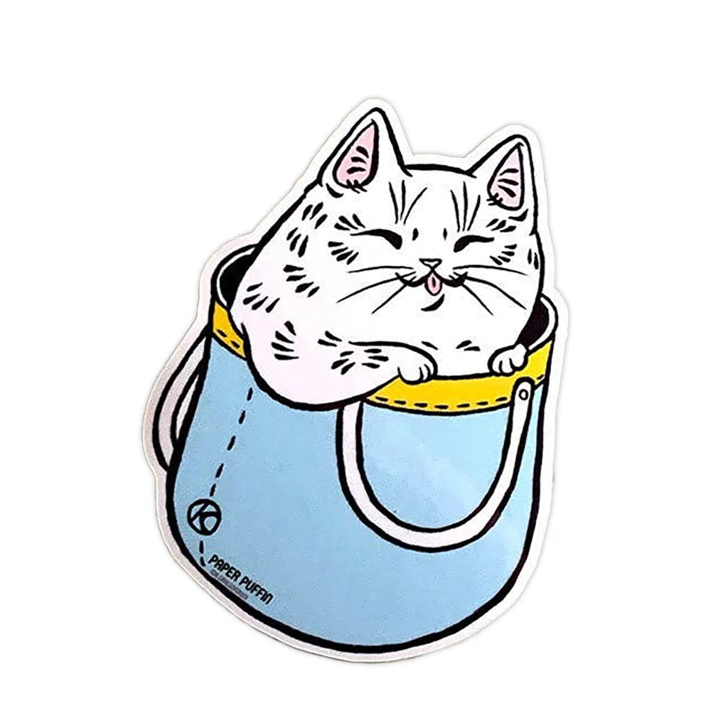 White Cat in Blue Bag - Die Cut Sticker