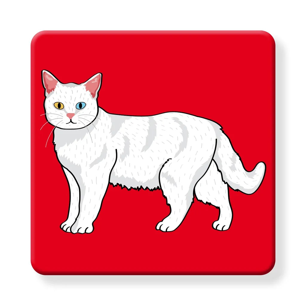 White Cat on Red - Cork Coaster