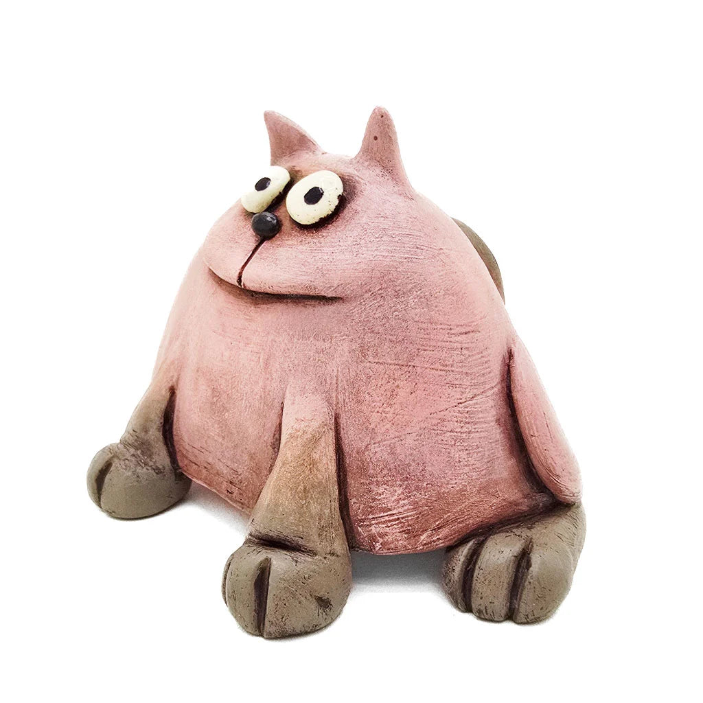 Sitting Pink Fat Cat - Original Ceramic Figurine