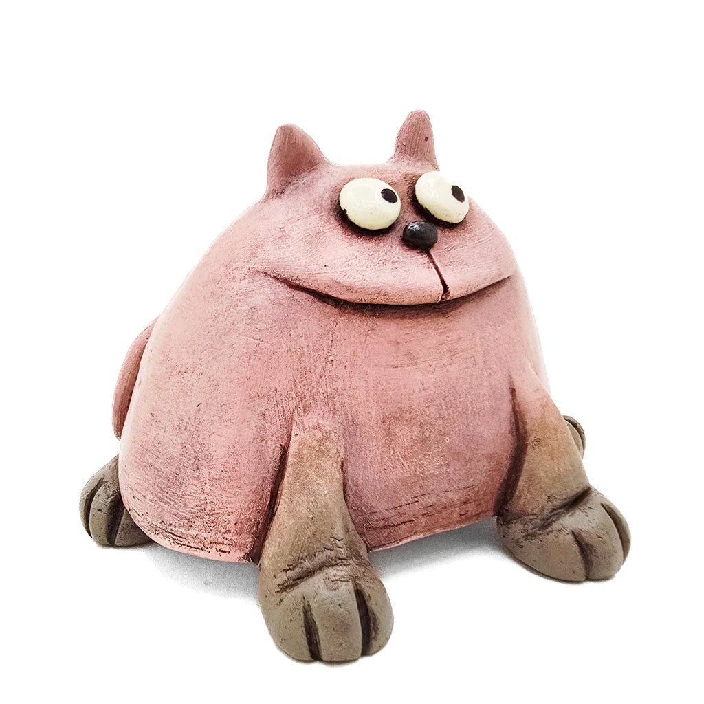 Sitting Pink Fat Cat - Original Ceramic Figurine