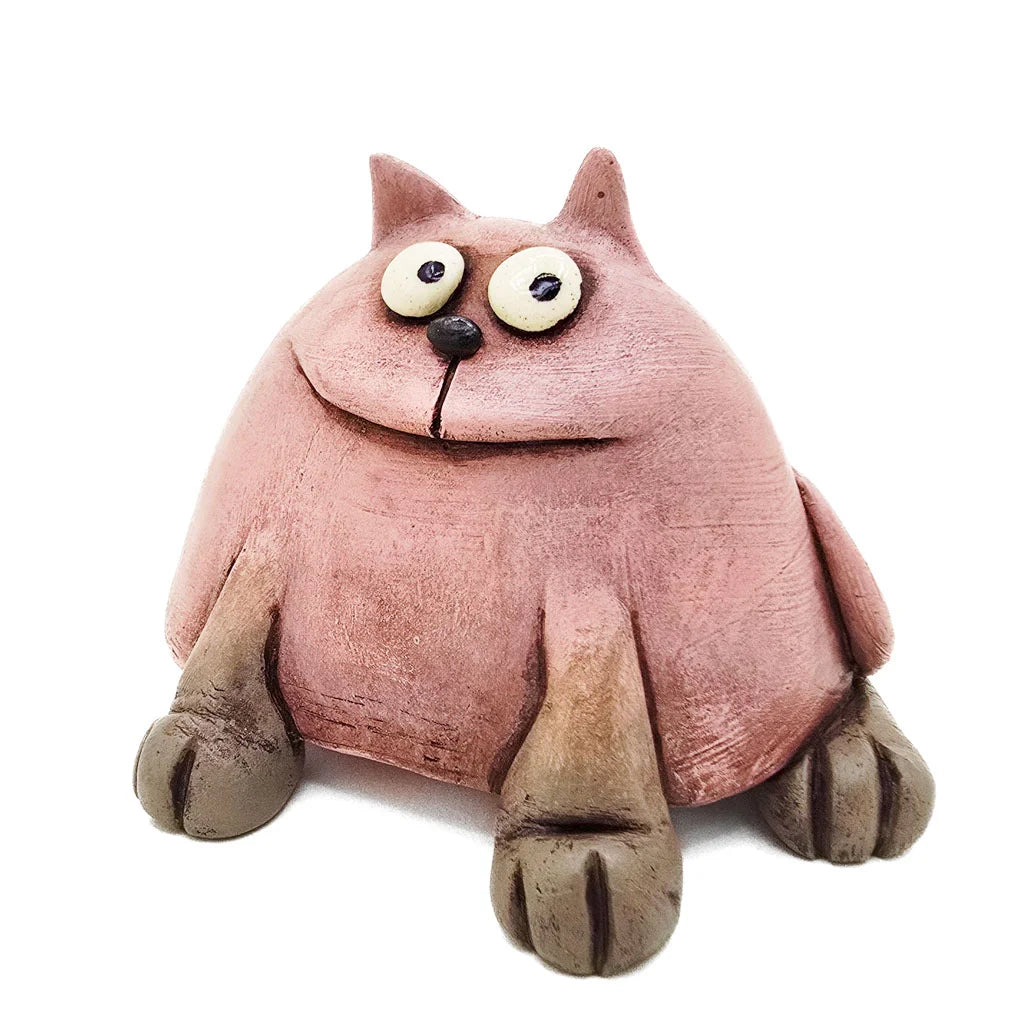 Sitting Pink Fat Cat - Original Ceramic Figurine