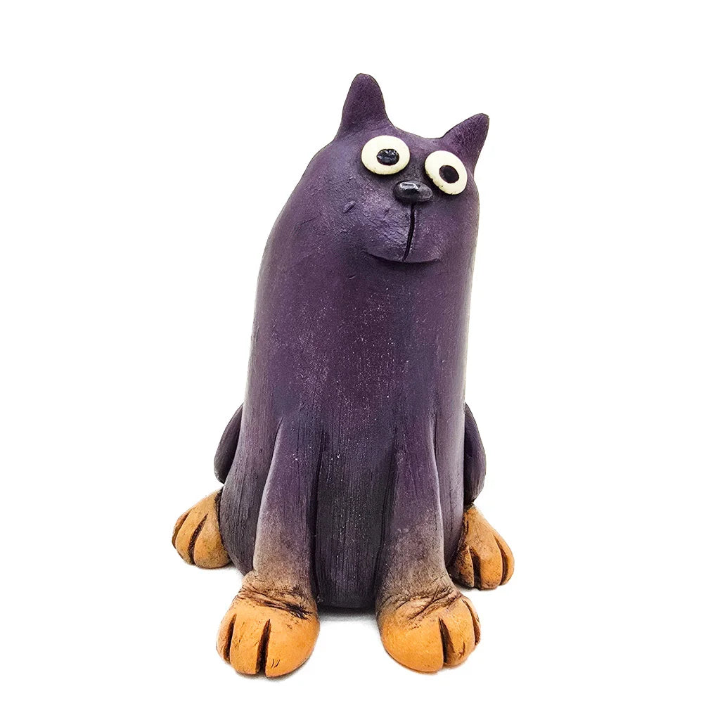 Sitting Deep Purple Smiley Cat - Original Ceramic Figurine