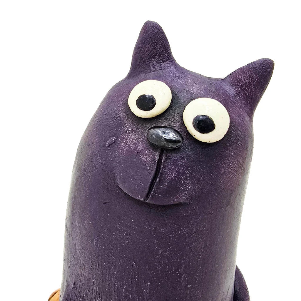 Sitting Deep Purple Smiley Cat - Original Ceramic Figurine