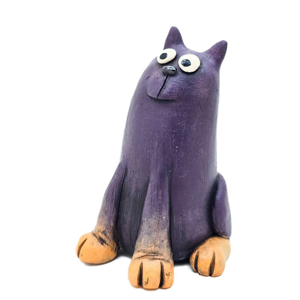 Sitting Deep Purple Smiley Cat - Original Ceramic Figurine