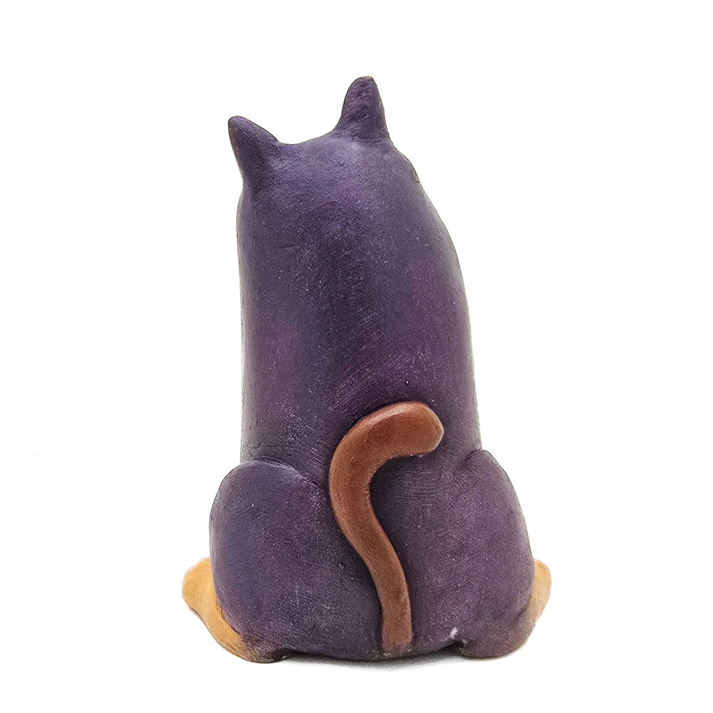 Sitting Deep Purple Smiley Cat - Original Ceramic Figurine