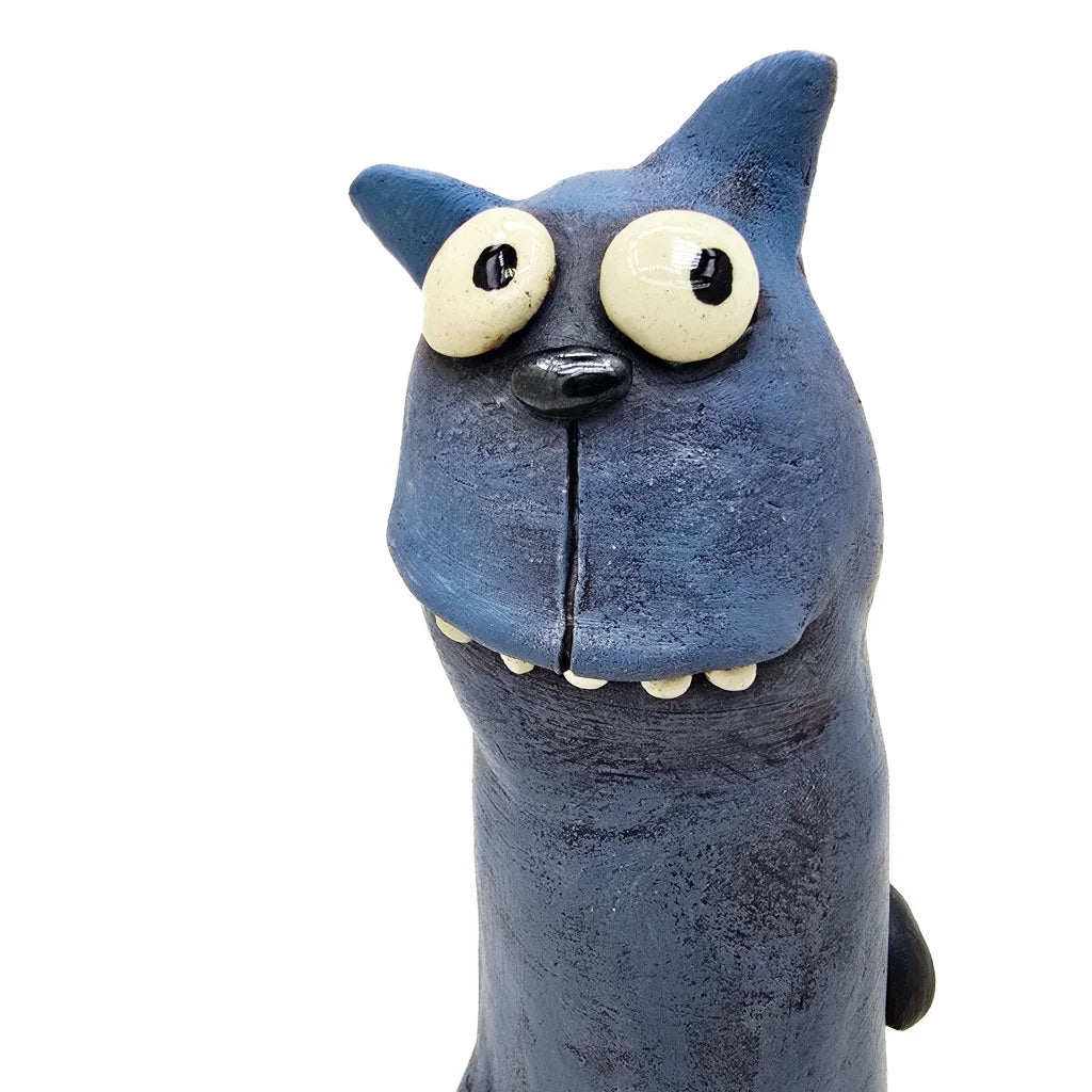 Sitting Quirky Blue Cat - Original Ceramic Figurine
