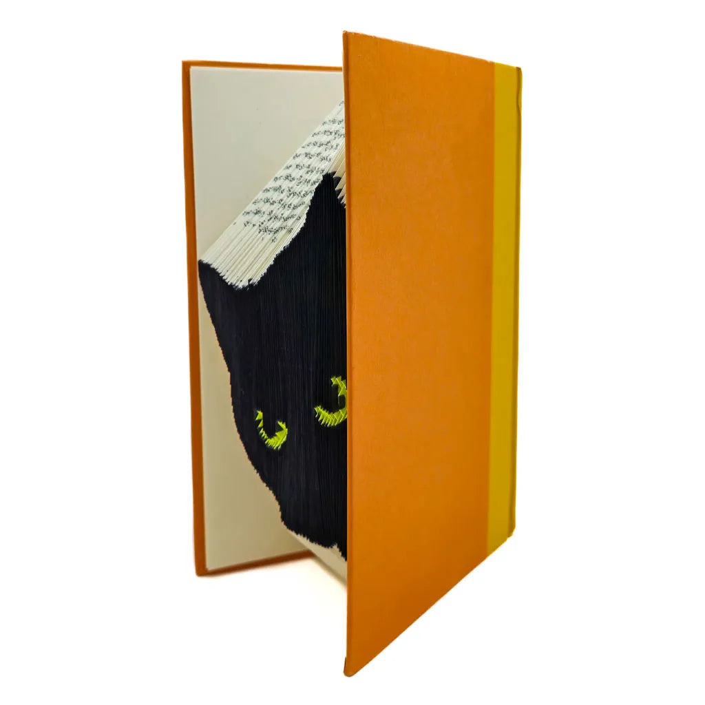 Peeking Black Cat - Yellow Eyes - Orange & Mustard Book Sculpture