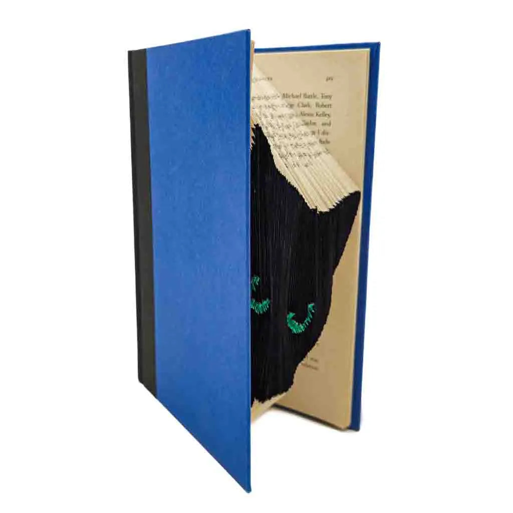 Peeking Black Cat - Teal Eyes - Blue & Black Book Sculpture