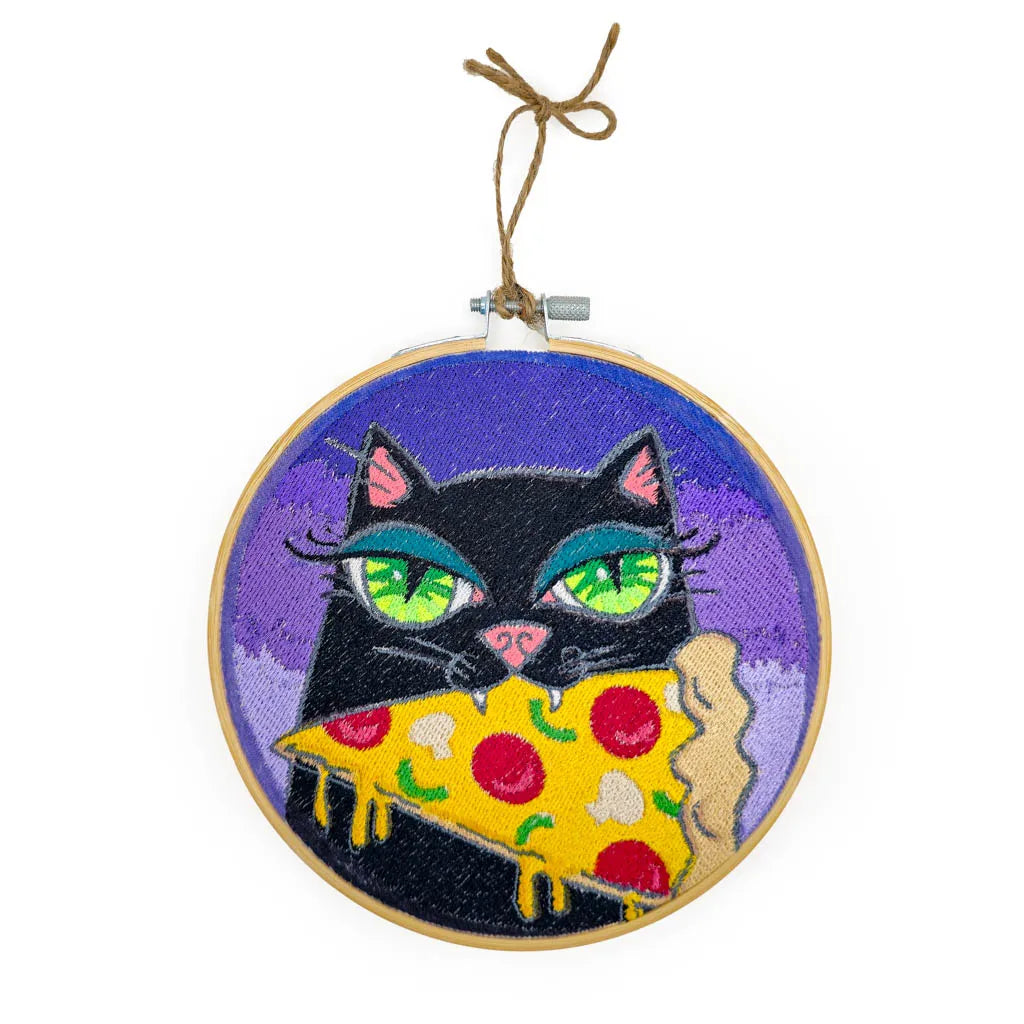 Black Pizza Cat - Embroidered Wall Piece