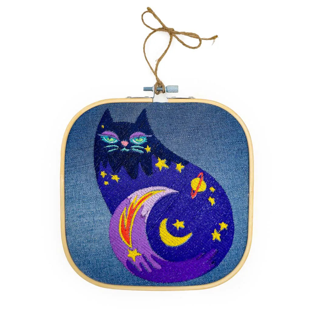 Cosmic Cat on denim- Embroidered Wall Piece