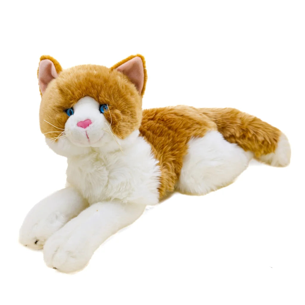 Plush toy cat with brown and white fur on a white background