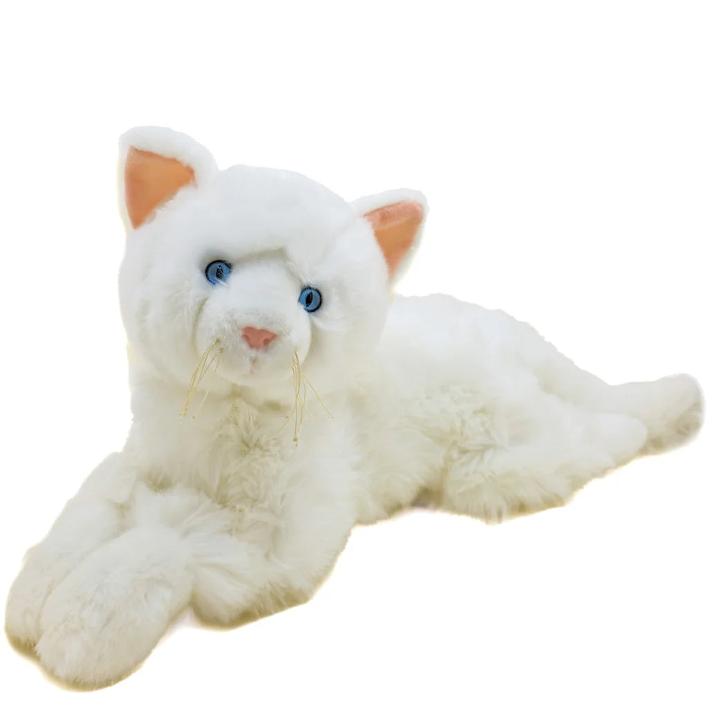 White cat plush toy with blue eyes on a white background