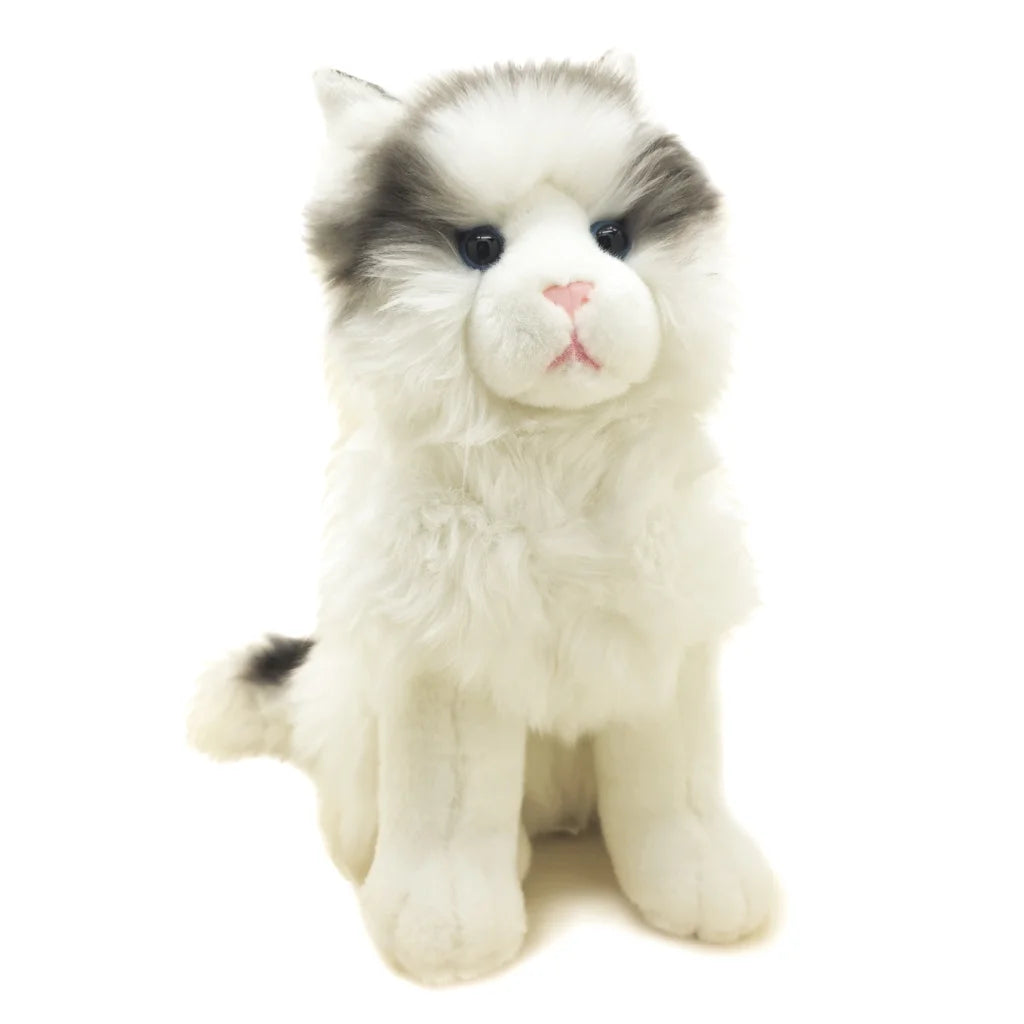 Plush toy cat with white and gray fur on a white background
