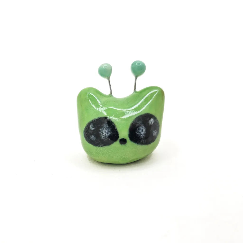 Green Alien Kitty - Handmade Ceramic Art