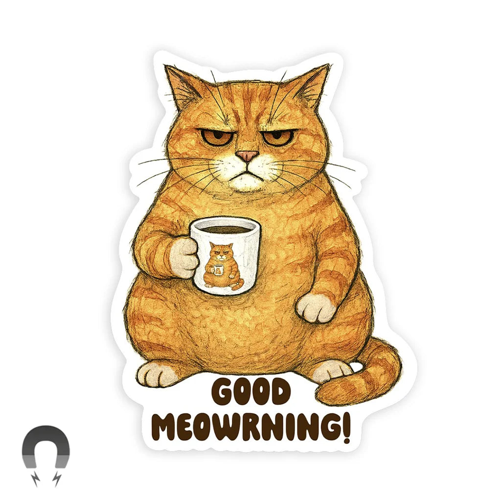 Good Meowrning Orange Cat Coffee - Die Cut Flexible Magnet