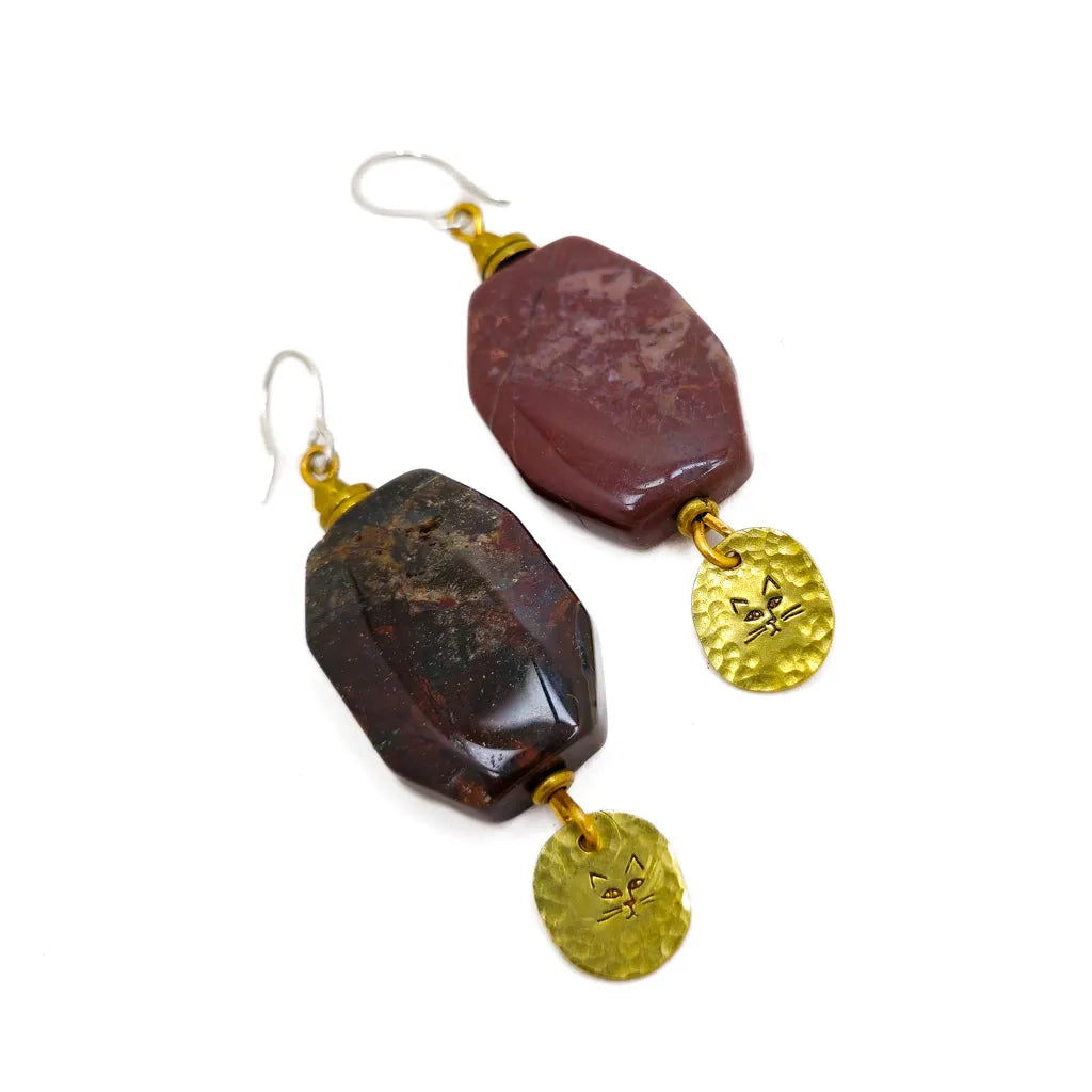 Chunky Red Jasper Cats - Handmade Brass Earrings