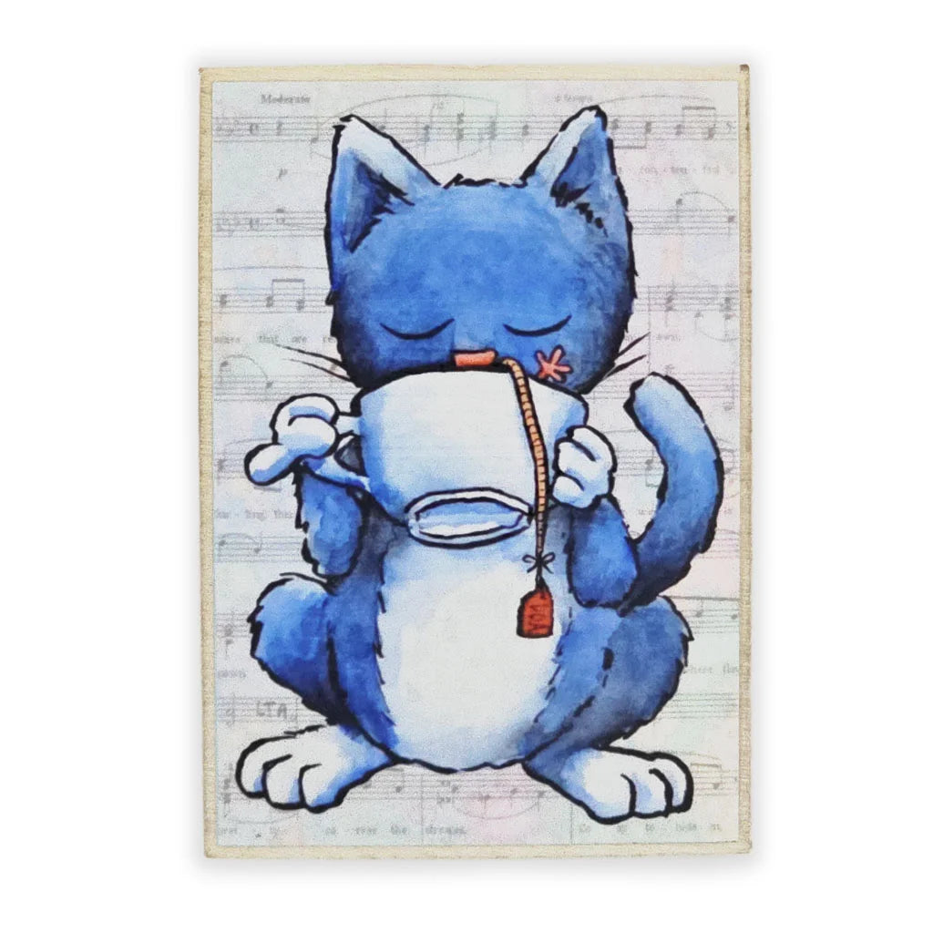 Blue Cat Sipping Mouse Tea - Wooden Magnet