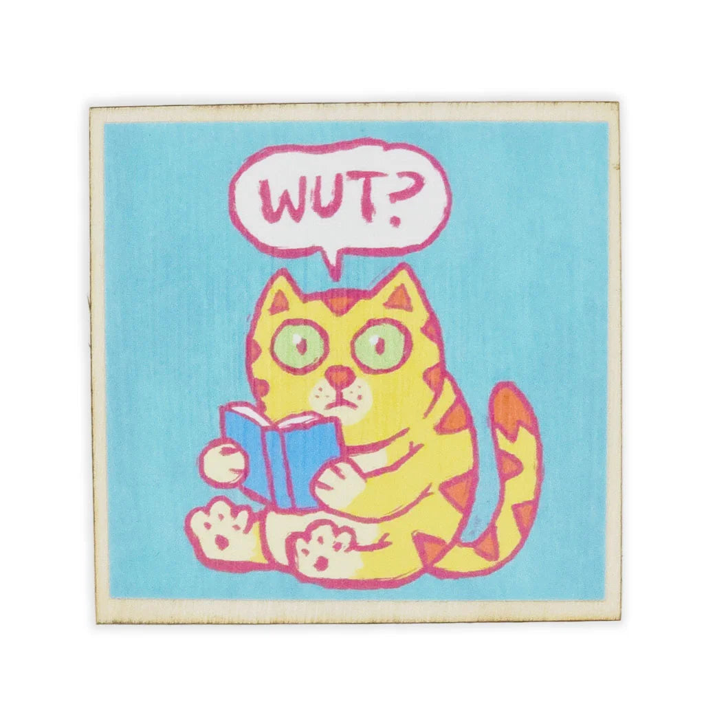 Wut Orange Tabby Cat Reading - Wooden Magnet