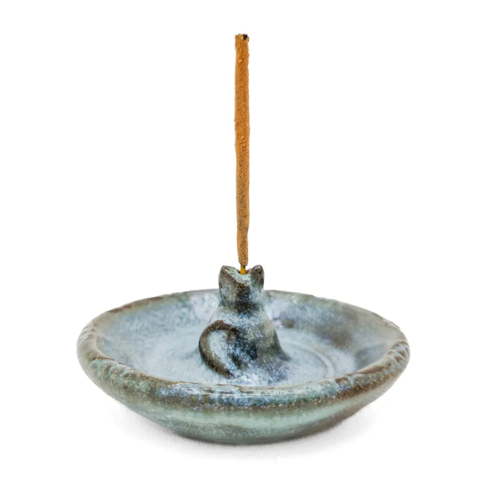 Teal Powder Zen Kitty - Handmade Ceramic Incense Burner