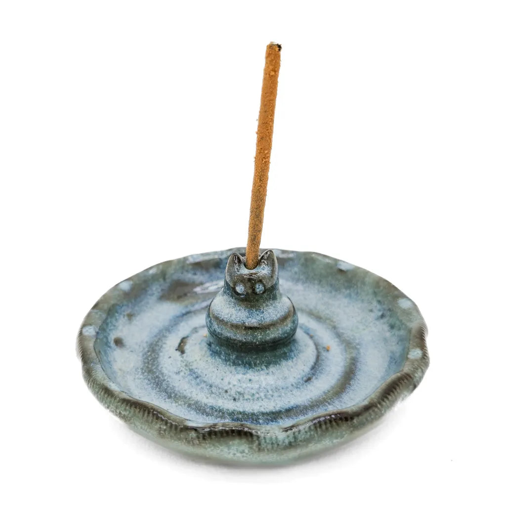 Teal Ripples Zen Kitty - Handmade Ceramic Incense Burner