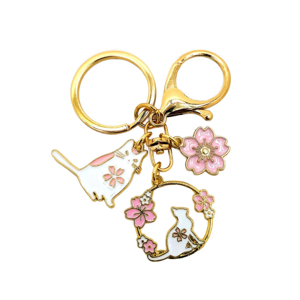 Pink Cherry Blossom Kitties - Metal Keychain