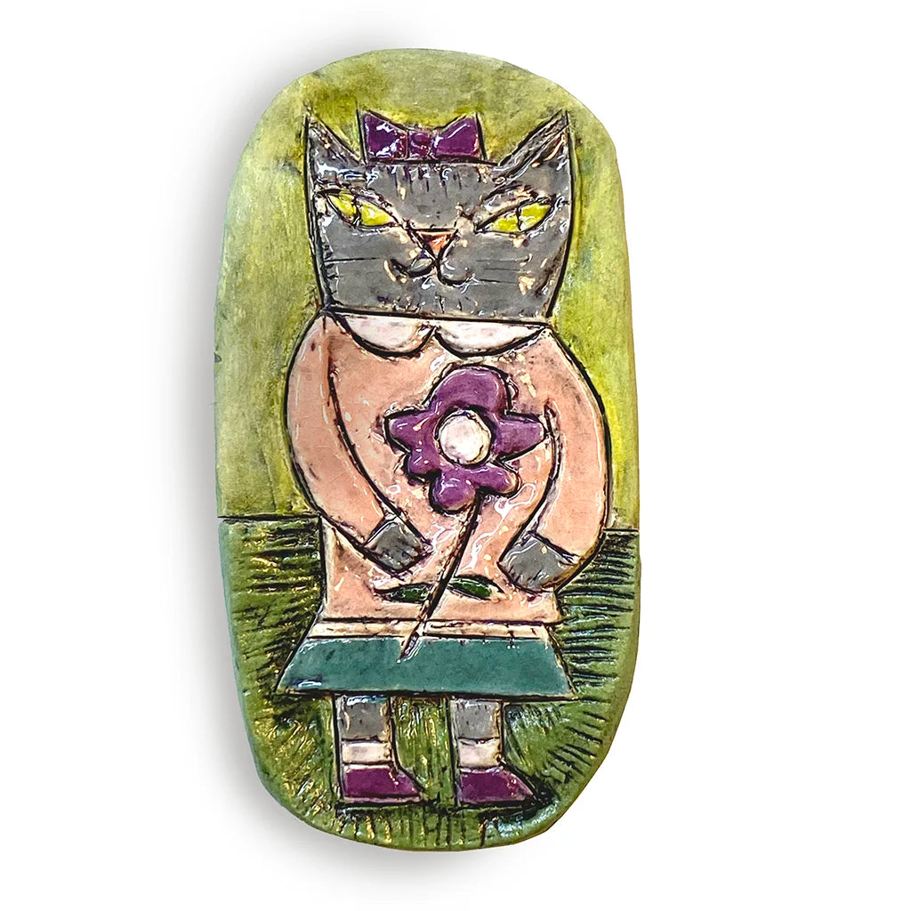 Flower Girl - Green Background - Multitasker Handmade Ceramic Cat