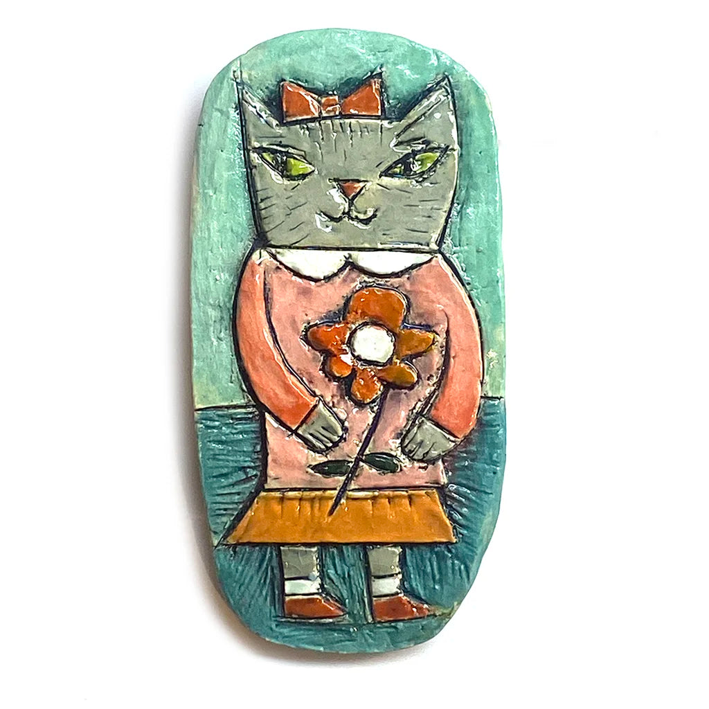 Flower Girl - Teal Background Multitasker - Handmade Ceramic Cat