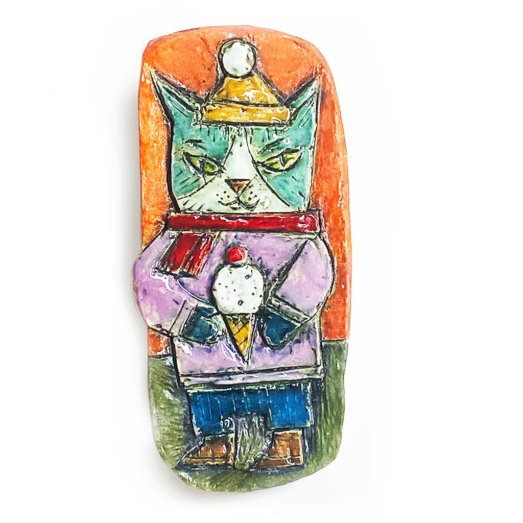 Cone Kitty - Teal Tuxedo Multitasker - Handmade Ceramic Cat