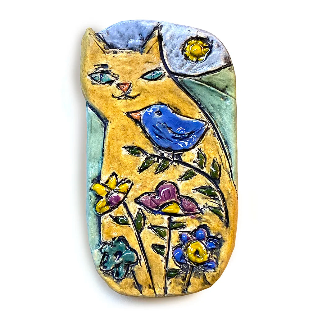 Wildflower Kitty - Yellow w Blue Bird Multitasker - Handmade Ceramic Cat