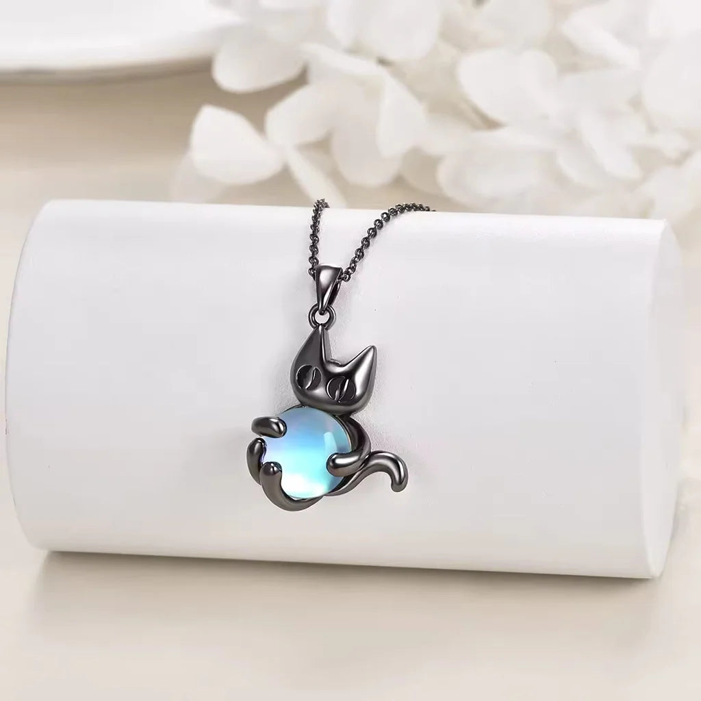 Black Cat Holding Moonstone - Sterling Silver Necklace