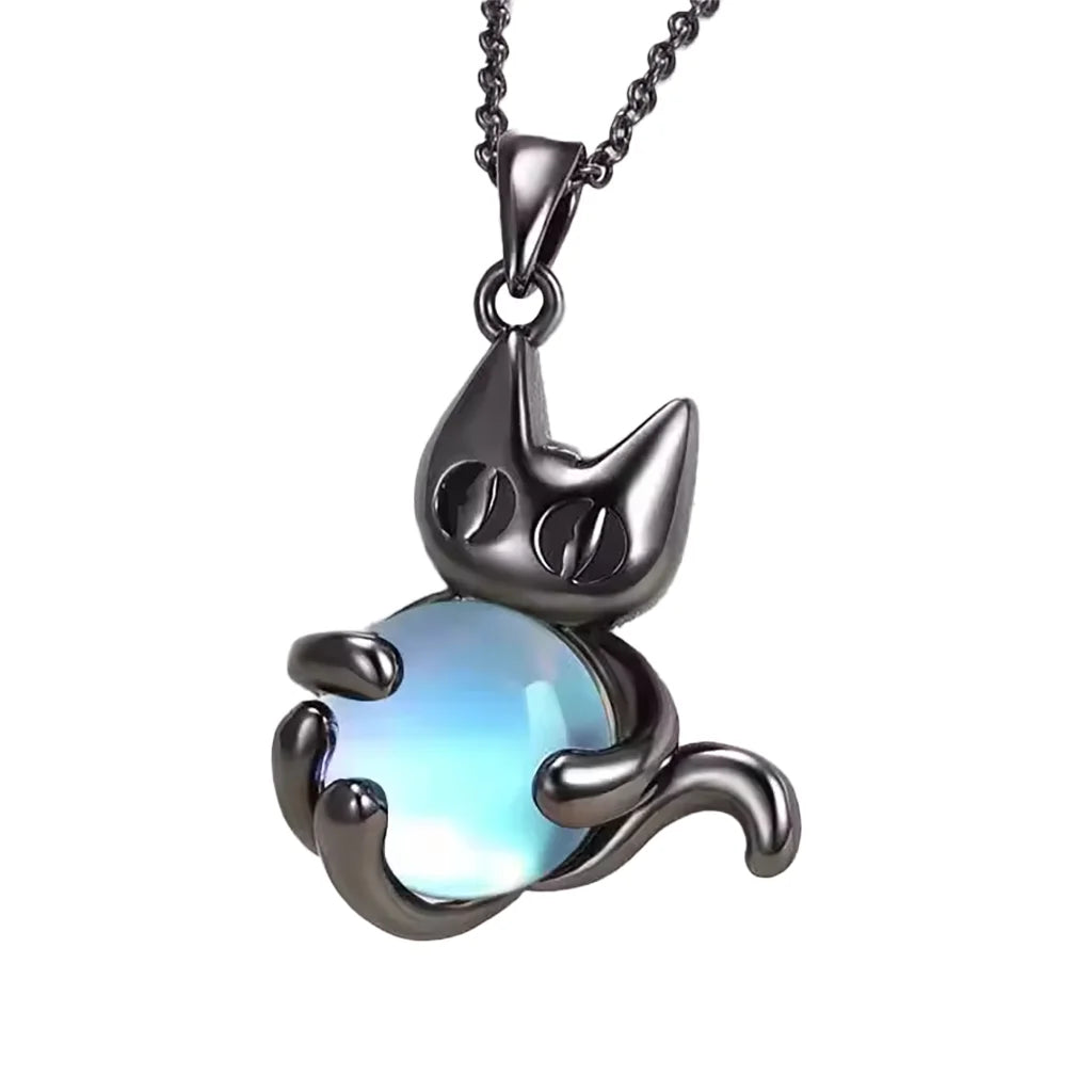 Black Cat Holding Moonstone - Sterling Silver Necklace