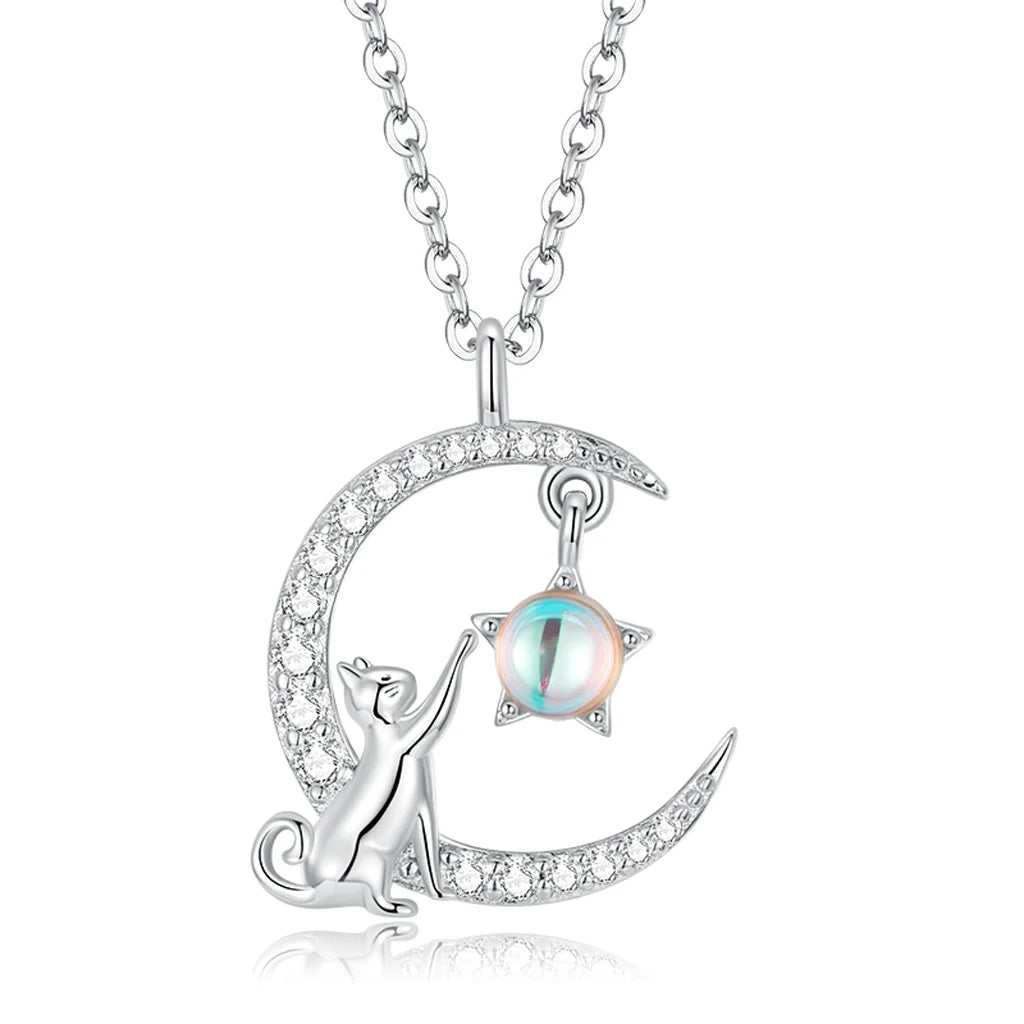 Reaching For The Moon - Moon Stone &amp; Zircon - Sterling Silver Necklace