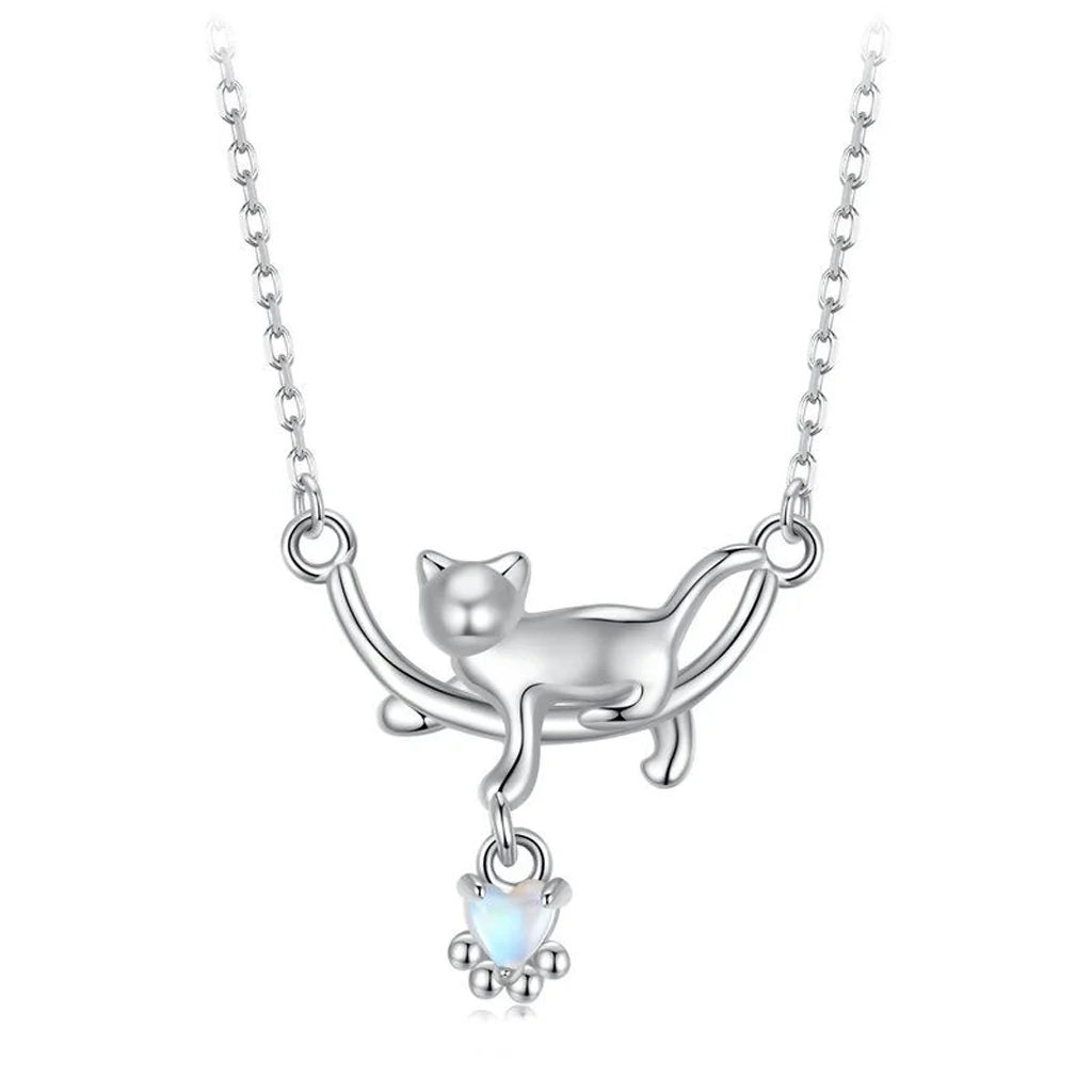Moonstone Hanging Kitty - Sterling Silver Necklace