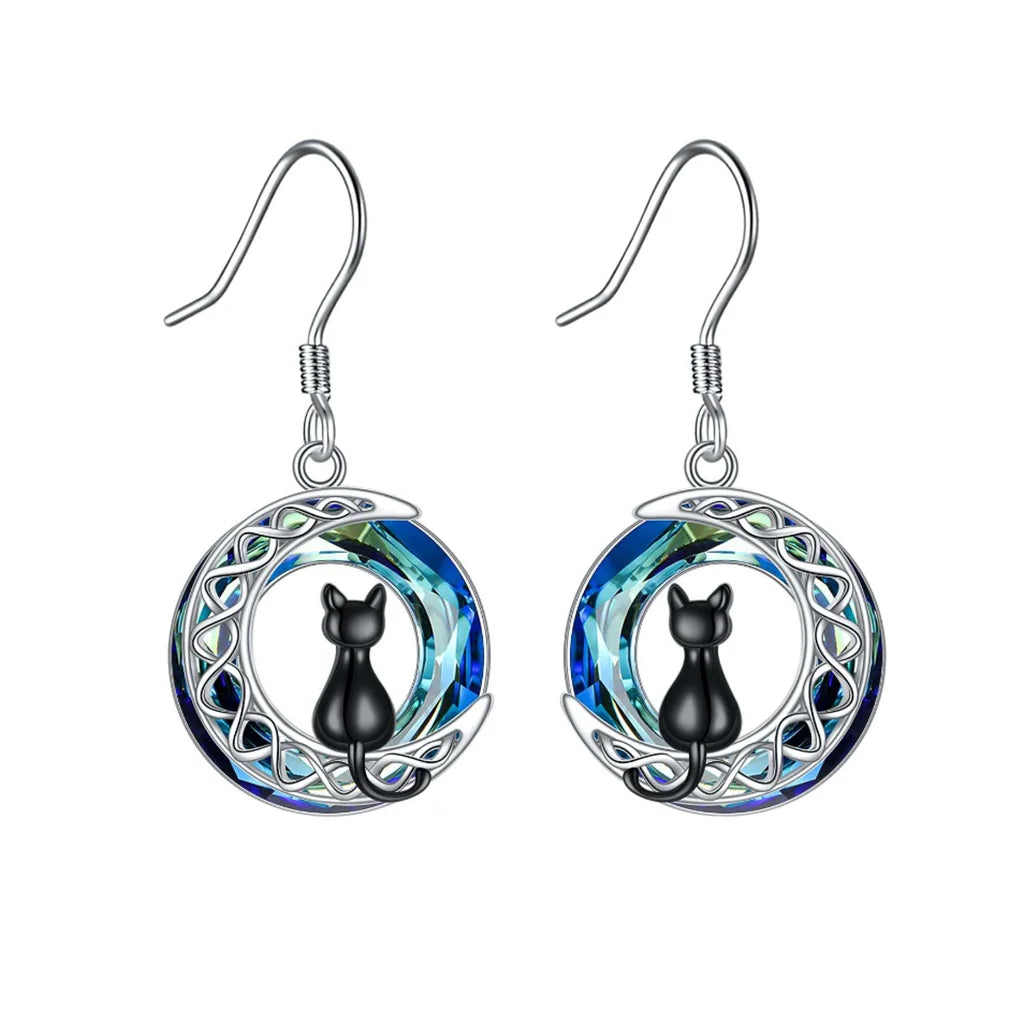 Blue Crystal Moon Black Cat -  Sterling Silver Dangling Earrings