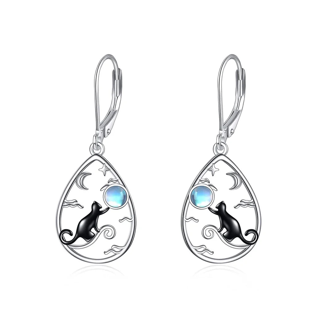 Black Cat Reaching The Moonstone - Sterling Silver Dangling Earrings