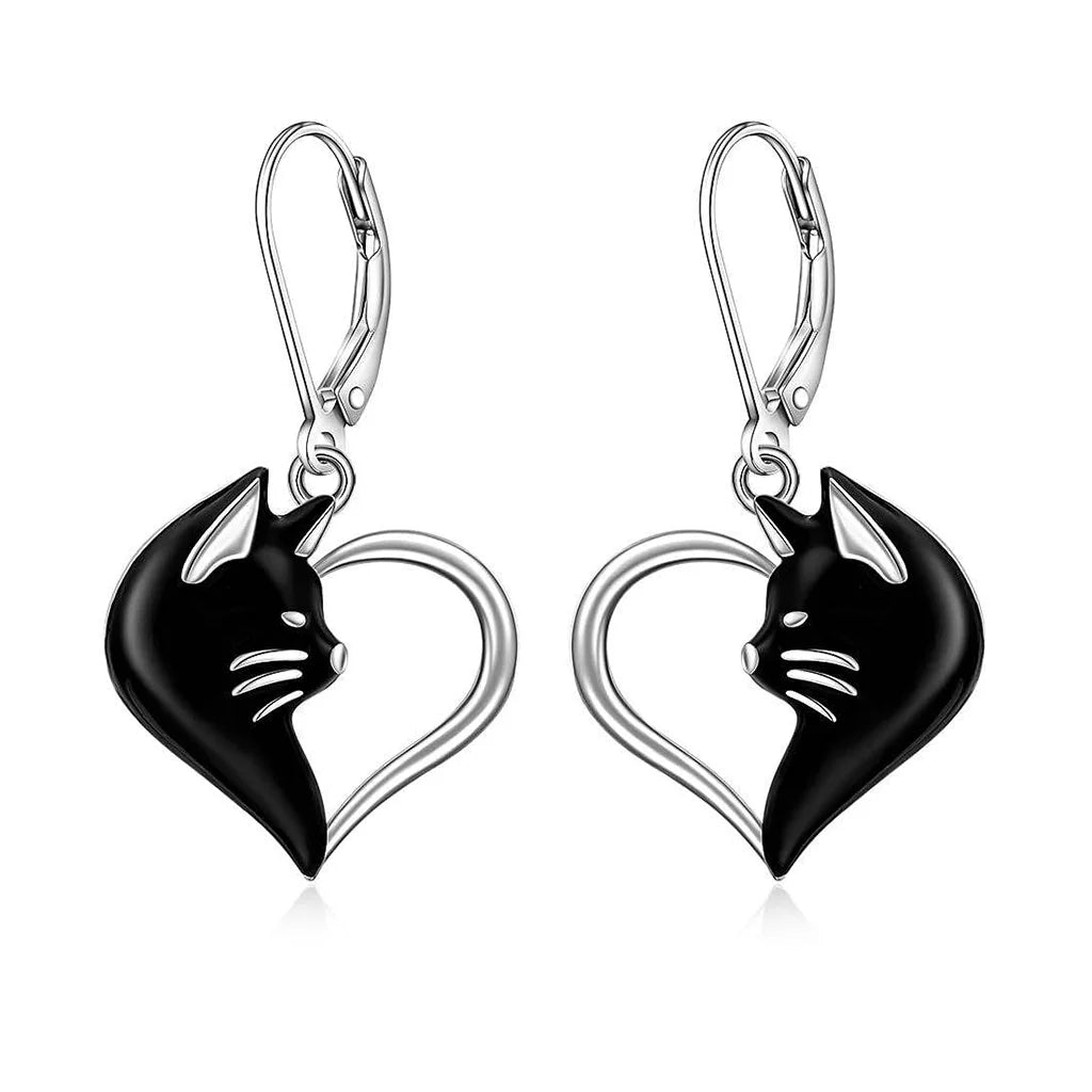 Black Cats Hearts - Sterling Silver Dangling Earrings
