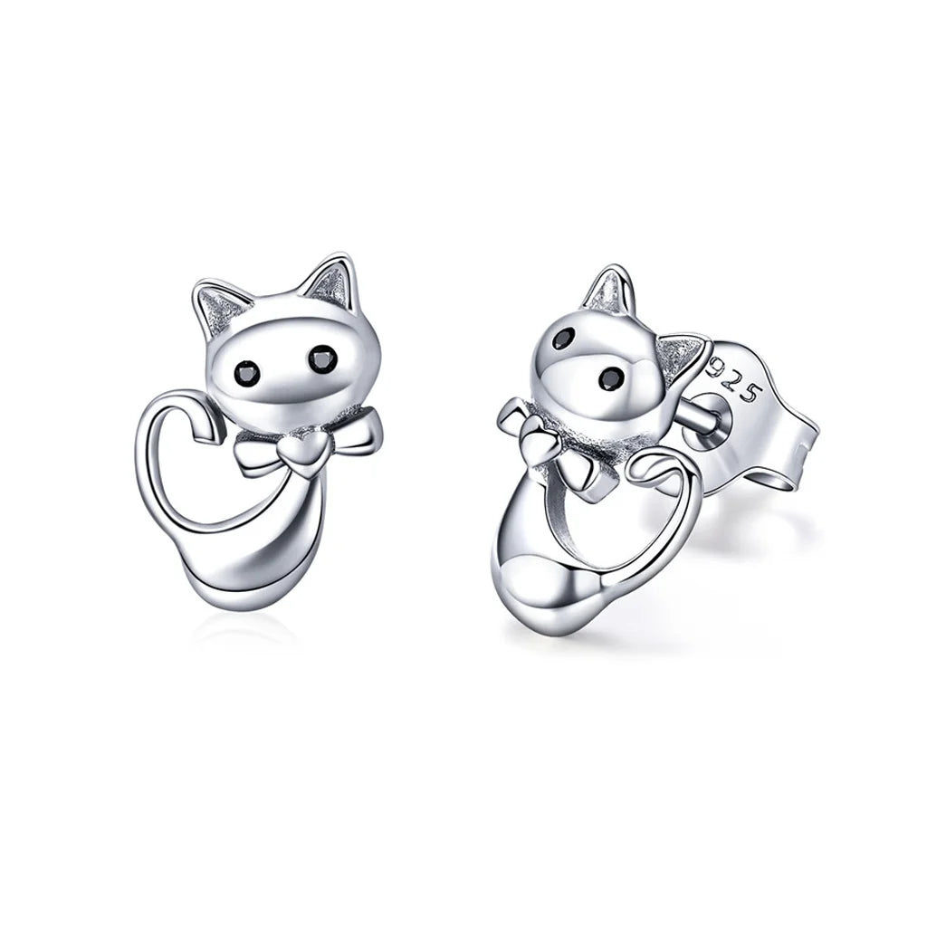 Cute Kitten with Bow -  Sterling Silver Stud Earrings