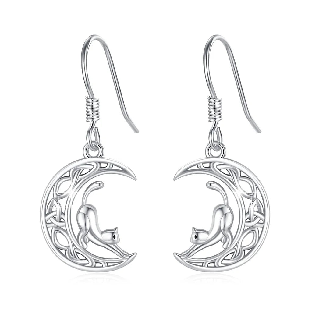 Cat Stretching On The Moon - Sterling Silver Dangling Earrings