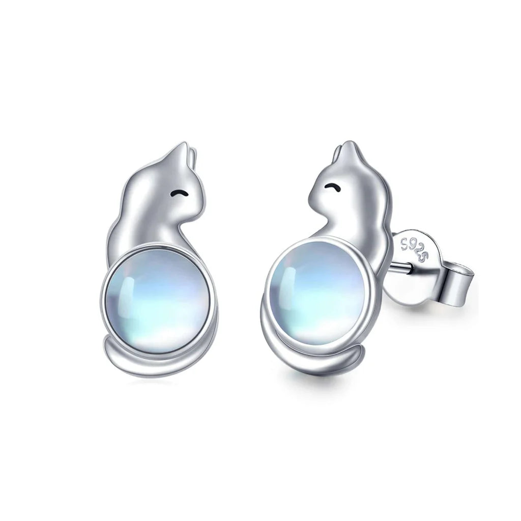 Moonstone Silver Kitty -  Sterling Silver Stud Earrings