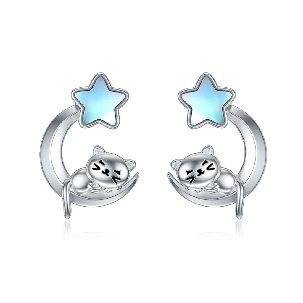 Moonstone Start Sleeping Moon Kitten-  Sterling Silver Stud Earrings