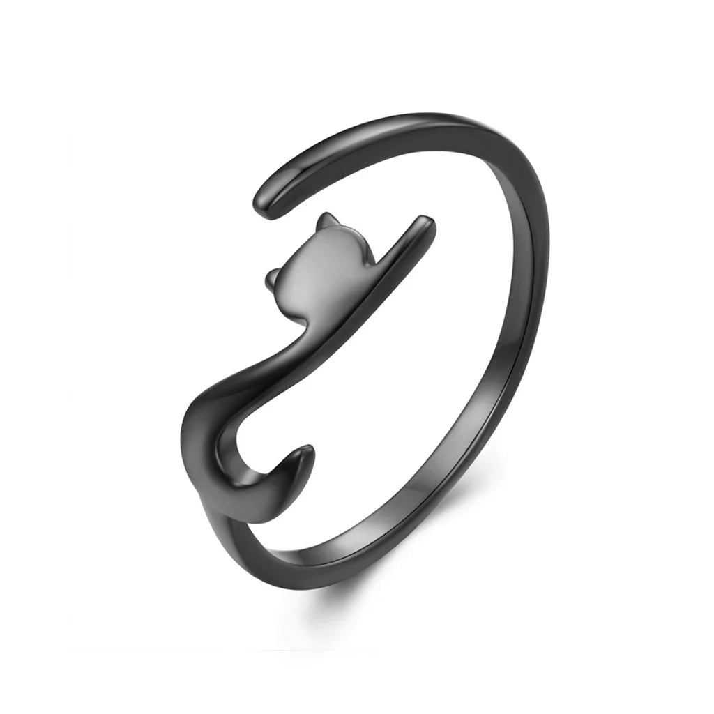 Stretching Black Kitty- Sterling Silver Ring