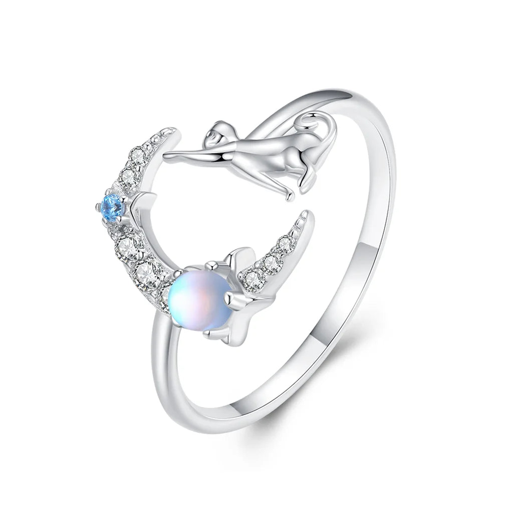 Reaching For The Moon - Moon Stone &amp; Zircon - Sterling Silver Ring