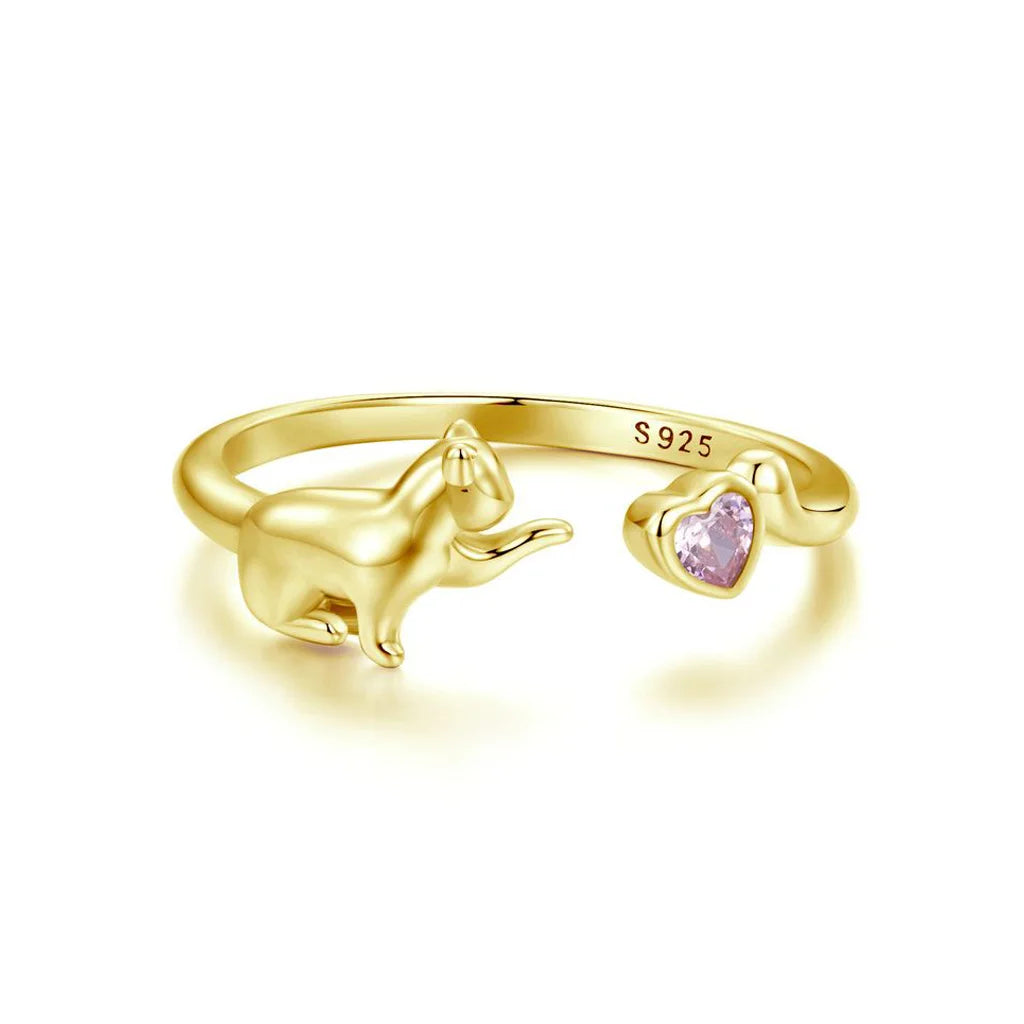Kitty &amp; Pink Zircon Heart - Gold Plated Sterling Silver Ring