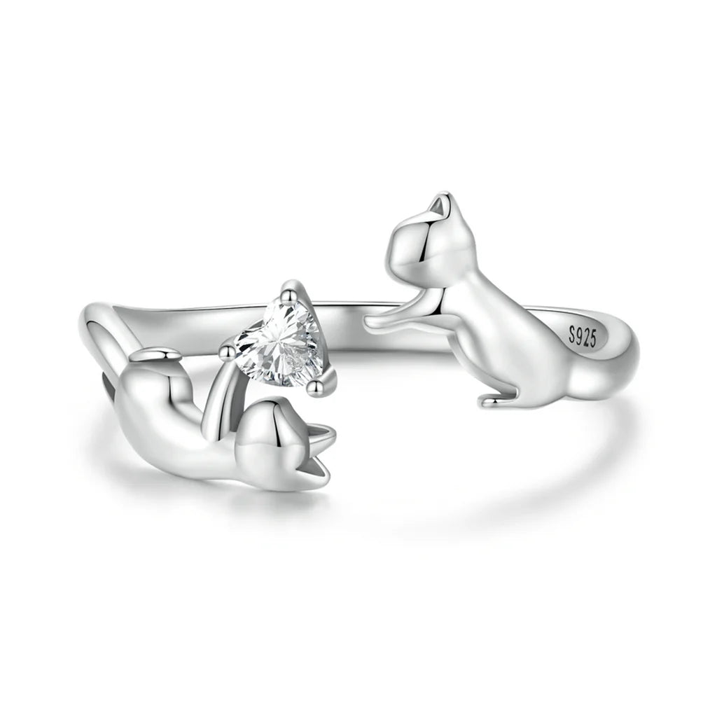 Playful Kittens with Zircon Heart - Sterling Silver Ring