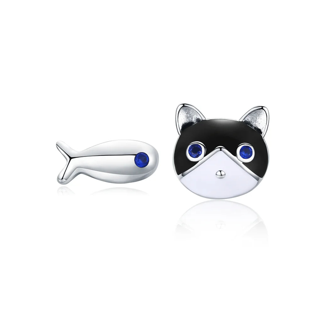 Tuxedo Cat &amp; Fish -  Sterling Silver Stud Earrings